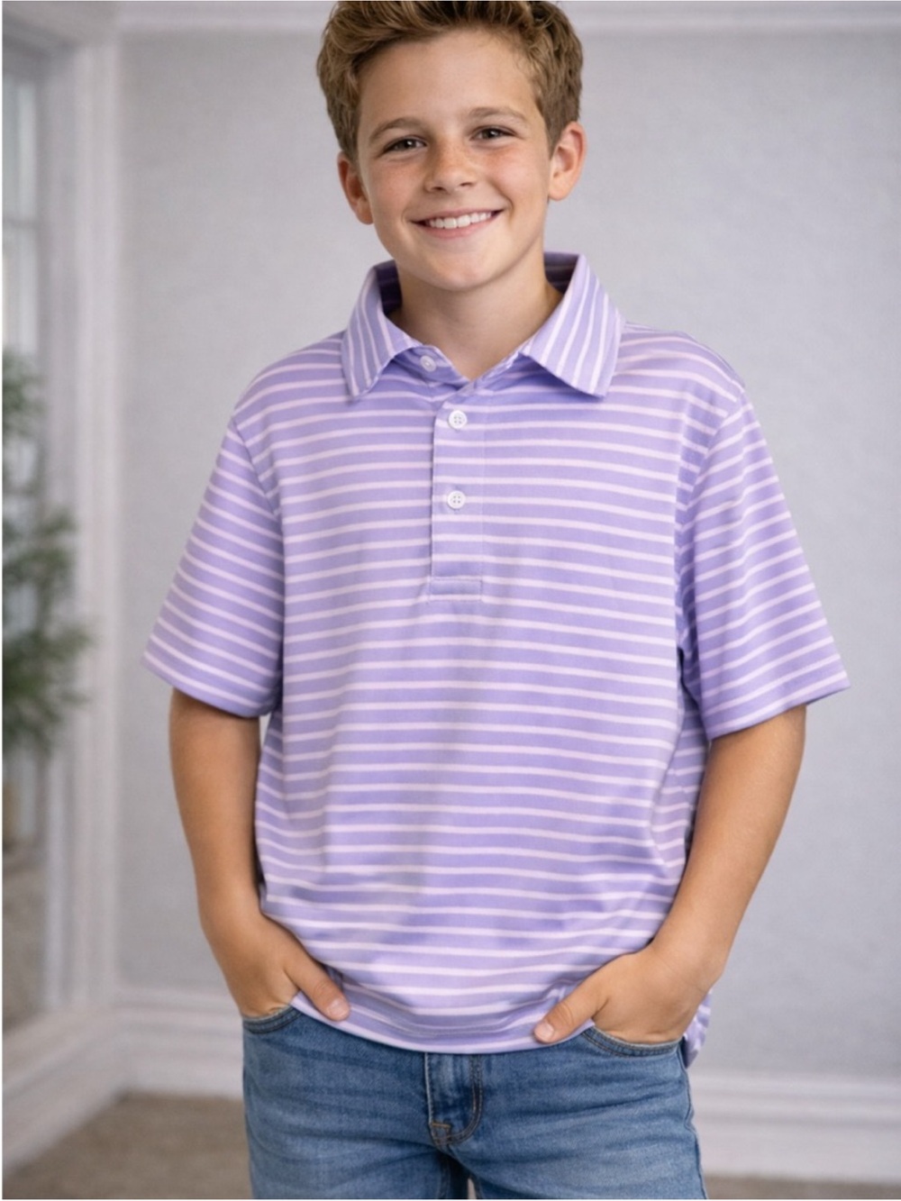 Tommy Bahama Lavender and White Striped Polo Sz 7/8